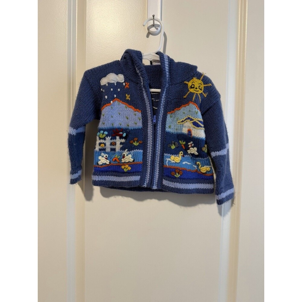 Waco’s Peru Kids Cardigan 100% Cotton Embroidered Animals Blue Sweater